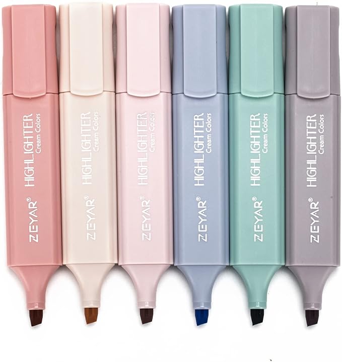 ZEYAR Highlighter Pen, Cream Colors Chisel Tip, Aesthetic Highlighter Marker, Water Based, Quick Dry, No Bleed, for Bible Study Notes School Office (6 Youth Colors)