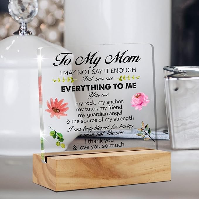 Mother's Day Floral Mom Gift Acrylic Desk Plaque Sign with Wood Stand - Home Office Keepsake