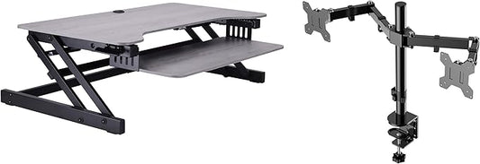 Rocelco 37.5" Height Adjustable Standing Desk Converter with Dual Monitor Mount and Slide Out Retractable Keyboard Tray - Sit Stand Up Double Screen Tabletop Riser Workstation - Gray (R DADRG-DM2)