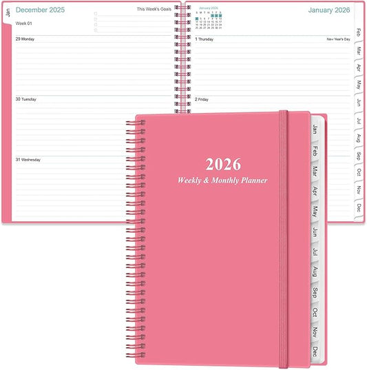 2026 Planner - Planner 2026 from January 2026 to December 2026 with 12 Monthly Tabs, Flexible Cover, Inner Pocket, 8.5" x 11", Pink-B