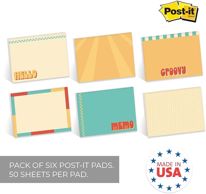 Retro Sticky Note Pads / 4" x 3" Groovy Sticky Notes/Set of 6 Pads / 50 Sheets Per Pad/Trendy Gift Idea/Made in The USA