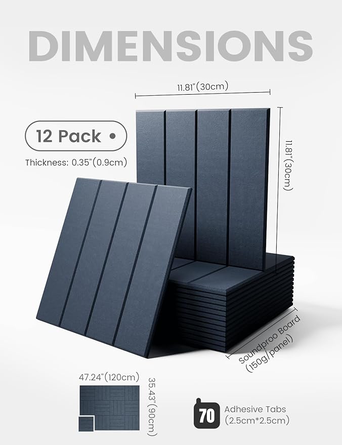 Felt Bulletin Board Tiles Large 48" x 36" Cork Board Alternative-12 Pack with 70 Adhesive Tabs, Thick Slat Wall Panels for Office Decor, Push Pin Board Wall Organizer Alternative -Denim Blue