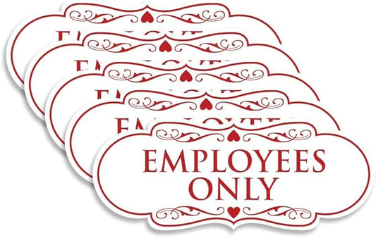 Designer EMPLOYEES ONLY Sign | Easy Installation | Office or Business Signs | Workplace Safety - White/Red - Small (5 Pack)
