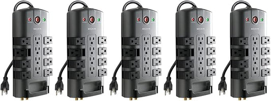 Belkin Surge Protector w/ 8 Rotating & 4 Standard Outlets (Pack of 5) - 8ft Sturdy Extension Cord with Flat Pivot Plug for Home, Office, Travel, & Desktop - Power Strip - 4320 Joules