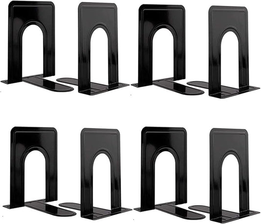 Metal Book Ends for Shelves, Book Shelf Holder Home Decorative, Book Ends for Heavy Books/Movies/CDs, Black 6.5 x 5 x 5.7 in, 4 Pair/ 8 Piece
