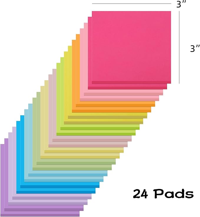 (24 Pads) Sticky Notes 3x3 Inches,Bright Colors Self-Stick Pads, Easy to Stick for Home, Office, Notebook