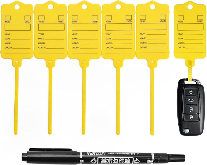 50 Car Key Tags with Labels Plastic Car Dealership Key Tags Self Locking Automotive Identifiers Blank Shop Labels with One Pen (Yellow)