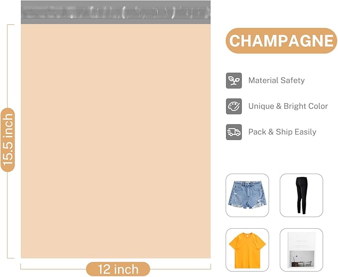 Metronic Poly Mailers 12x15.5 100 Pack, Medium Size Shipping Bags for Clothing, Strong Self-Seal Mailers Poly Bags Shipping Envelopes, Thick Mailing Bags Package Bags for Small Business, Champagne