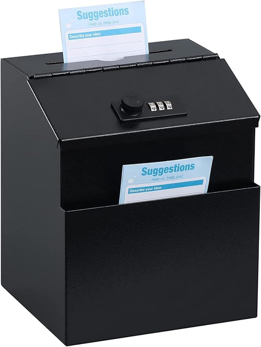 Suggestion Box with combination number Lock Metal Wall Mounted Ballot Box, Steel Donation and Collection Drop Box with wide Slot, 8.5H x 6W x 7.3L Inch comment and office management ideal box