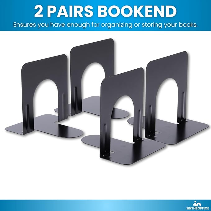1InTheOffice Bookends for Shelves, Metal Bookends, 5 1/4" x 4 3/4" x 5", Non-Slip, Black, 4 Pack