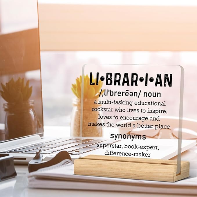Librarian Gifts for Women Men, Birthday Gifts for Book Lover Bookworm, Librarian Definition Acrylic Desk Sign Decor