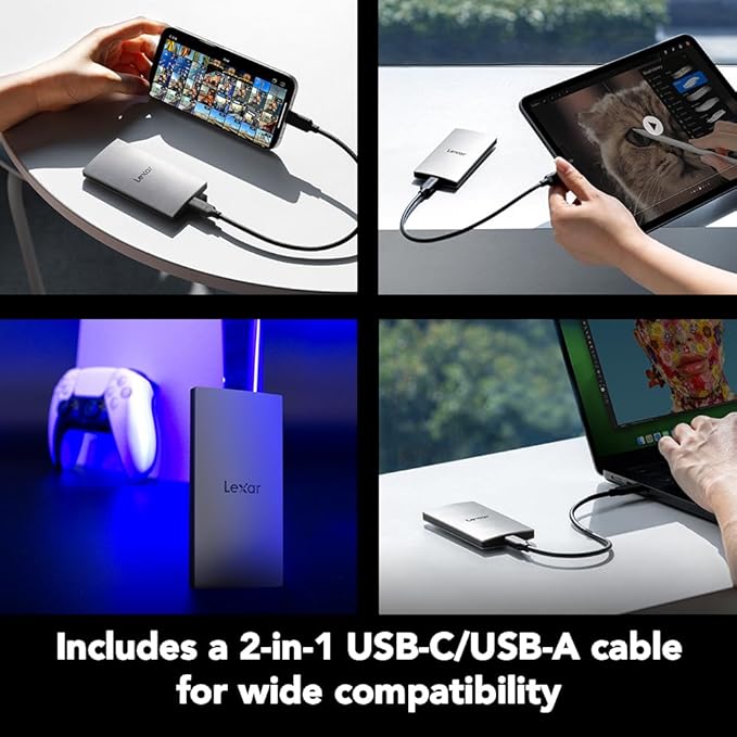 Lexar 2TB ES3 Portable SSD, Up to 1050MB/s Read & 1000MB/s Write, Compatible with PC & Mac, Tablets, Smartphones, External Solid State Drive, Silver (LES3XXX002T-RNSAU)