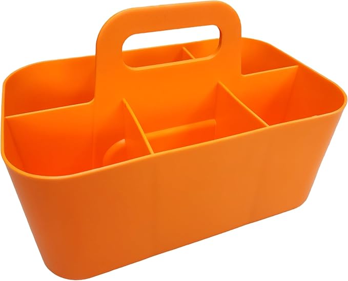 2 Pack Small 6 Compartment Multiuse Caddy Organizer with Handle Art Craft Supplies, Office, Desk, Stationery Pen Holder Stackable- Made In USA (Orange/Green)