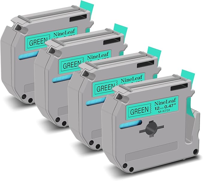 NineLeaf 4 Pack Compatible for Brother P-Touch M Tape M-K731 M-K731S MK731 M731 12mm 0.47'' Black on Green Label Tape for PT-70BBVP PT-70BMH PT-70HK PT-70HOL PT-70HOT Label Maker