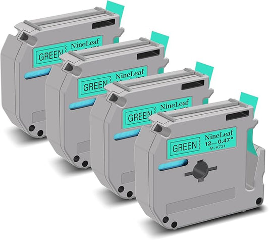 NineLeaf 4 Pack Compatible for Brother P-Touch M Tape M-K731 M-K731S MK731 M731 12mm 0.47'' Black on Green Label Tape for PT-70BBVP PT-70BMH PT-70HK PT-70HOL PT-70HOT Label Maker