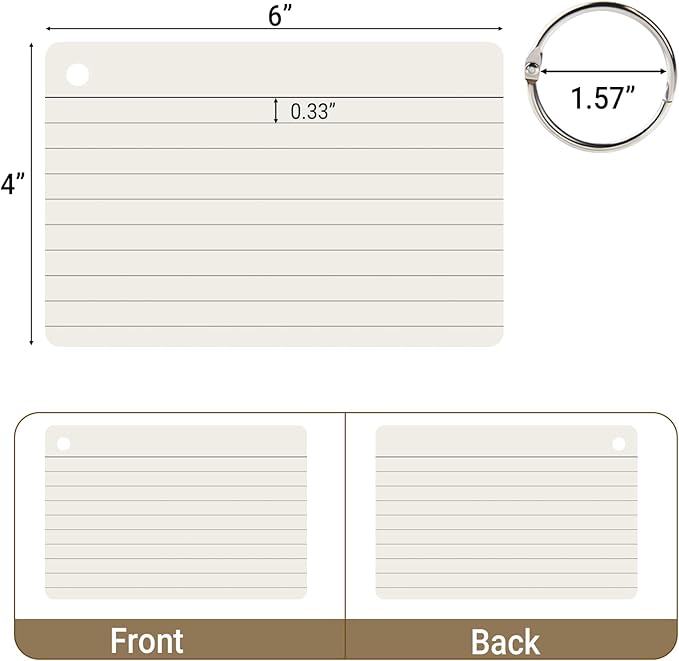 6 Pack 360 Pcs 4x6 Inch Lined Flash Cards with Binder Rings (60 Sheets Each Pack), Ruled Index Cards Study Cards 4x6 Lined Note Cue Cards for Studying, School, Memory