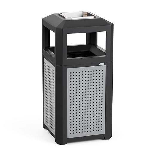 Safco Evos Steel Trash Can, 15 Gallons, Indoor and Outdoor Use, Heavy Duty Garbage Can with Plastic Liner and Ashtray