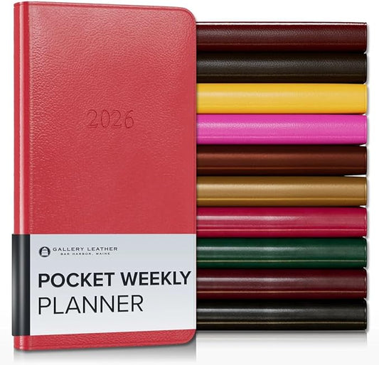 Gallery Leather Pocket Weekly Monthly Planner 2025-2026, Elegantly Bound Calendar Planner and Notebook with Stylish Gold-Gilded Page Edges, 12 Months - Caribbean Red - 6 x 3.25 "