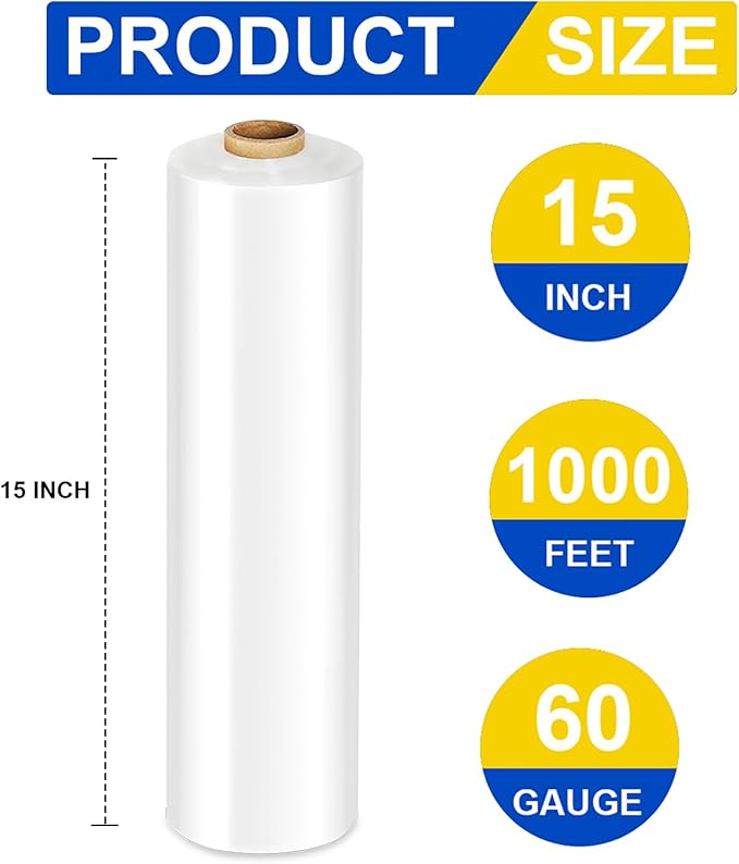 Stretch Film, RAZCC Stretch Wrap Industrial Strength, Shrink Wrap for Pallet Wrap, Heavy Duty Clear Plastic Wrap with Handles, Moving Wrapping Plastic Roll, 15" x 1000 Ft Per Roll, 60 Gauge, 1 Pack