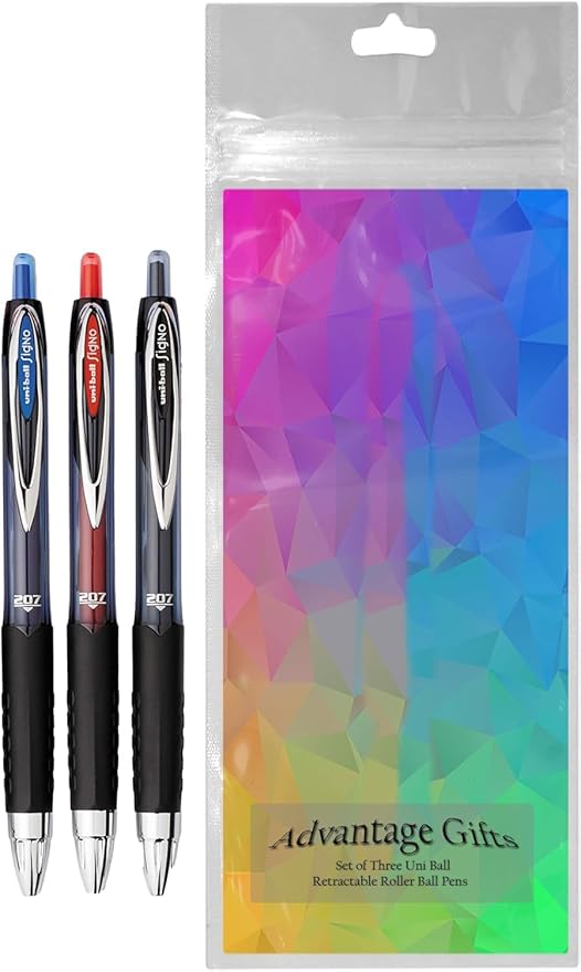 Signo 207 Roller Ball Retractable Gel Pens, Medium Point (0.7mm), Black Blue And Red Ink, 3 Count, Bundle with Plastic Reusable Pouch