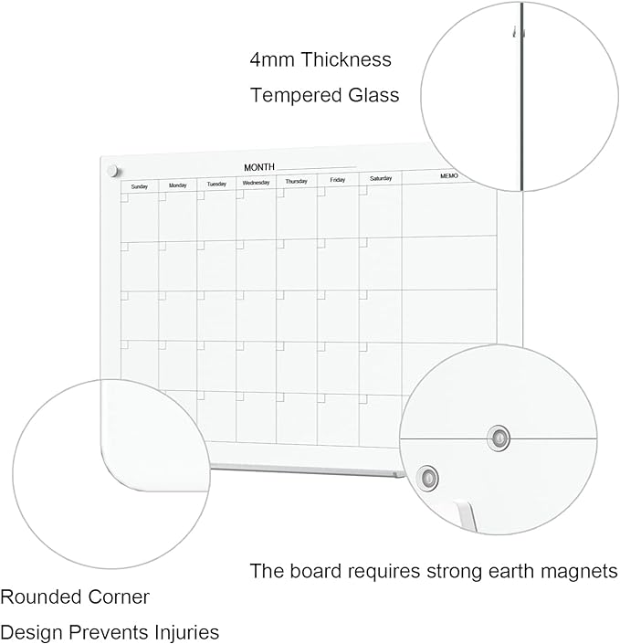 TOWON 47 x 35 Inch Glass Dry Erase Board, Magnetic Whiteboard Calendar, Monthly Planner Set, White
