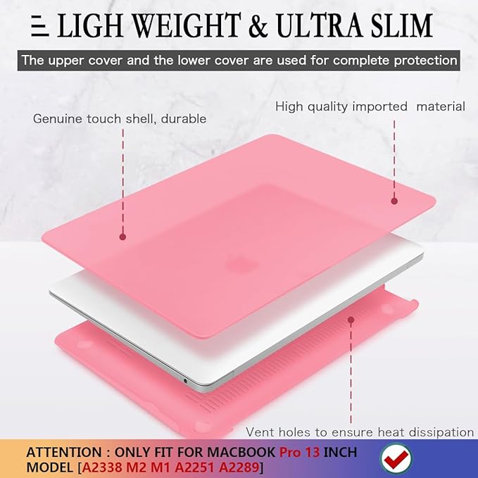 CISSOOK Case for MacBook Pro 13 Inch Pink A2338 A2251 A2289 Model, Plastic Cover with Keyboard Cover for 2025-2016 MacBook Pro 13" M2 M1, Matte Pink