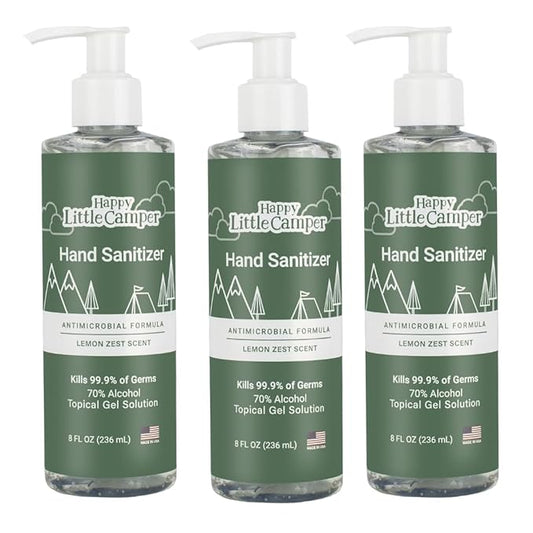 Happy Little Camper Hand Sanitizer with Lemon Zest Scent - Moisturizing Gel with Vitamin E & Antimicrobial Formula- Contains 70% Ethyl Alcohol - Travel Size, Made in USA - 3x 8oz bottles