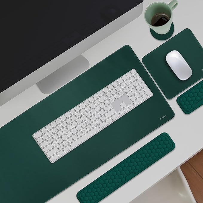 MOSISO Large Gaming Mouse Pad&Massage Keyboard Wrist Rest&Mousepad&Wrist Rest&Coaster,Ergonomic Non-Slip Base Pad Set&Pain Relief Easy Typing Cushion with Memory Foam for Home Office, Peacock Green