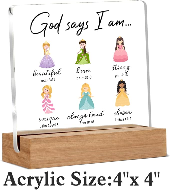 Princess Gifts for Girls, Princess Acrylic Plaque Room Decor for Girl Bedroom, Inspirational Gifts for Teen Girls, God Says Quotes Desk Signs Decor 4 × 4 Inches