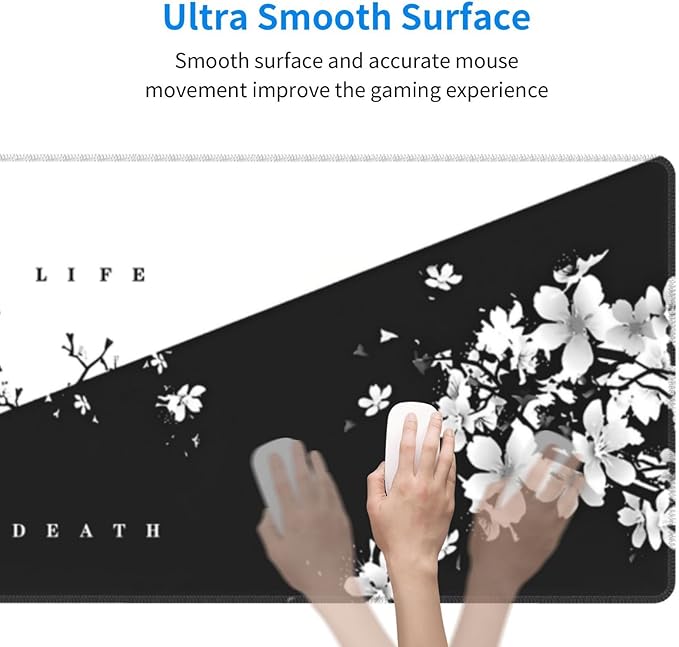 Japanese Life Death Keyboard Mat, Black White Japanese Anime Gaming Mouse Pad for Desk with Anti-Slip Rubber Base and Stitched Edges, Japanese Sakura Pagoda Sun Mouse Pad