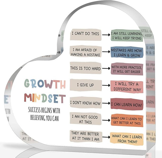 Growth Mindset Decor, Mental Health Therapy Office Classroom Art Educational Acrylic Heart Inspirational Gift Change Your Mindset Decorations Positive Sayings Gifts for Teacher Students School