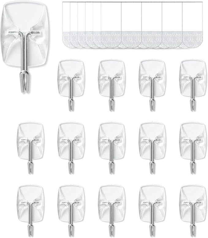 15 Small Hooks+30 Removable Strips, Clear Wire Hanger Hooks, Damage-Free Utility Hooks, Heavy Duty with Adhesive Strips, No Tools Wall Hook for Hanging, Value Pack
