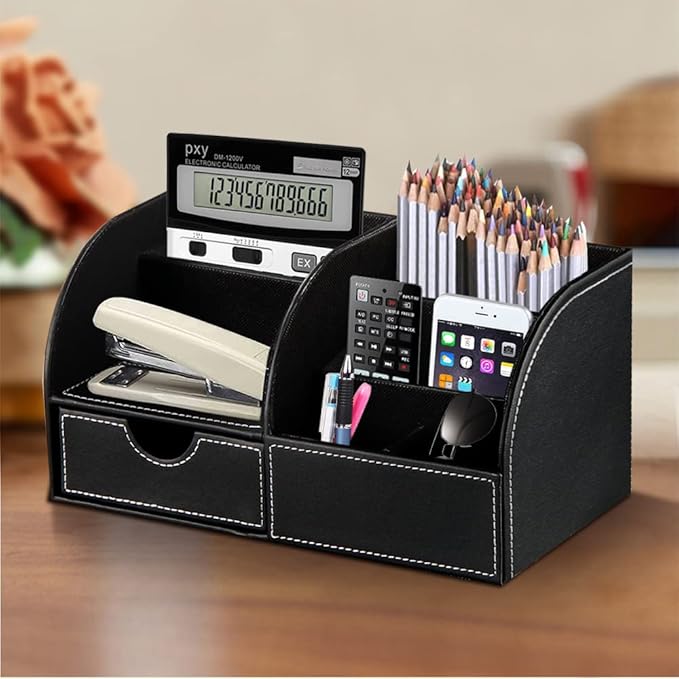 Desk Organizer, PU Leather Desktop Organizers and Accessories, Office Supplies Multi-Functional Caddy Storage with 6 Compartments and 1 Drawer, Workspace Organizer for Office Home School Classroom
