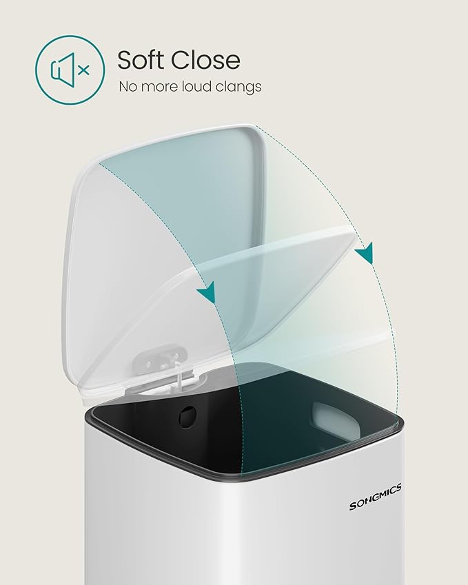 SONGMICS Kitchen Trash Can, 8-Gallon (30 L) Trash Bin, Stainless Steel Garbage Can, with Inner Bucket, Soft Close and Stays Open, Cloud White ULTB593W01