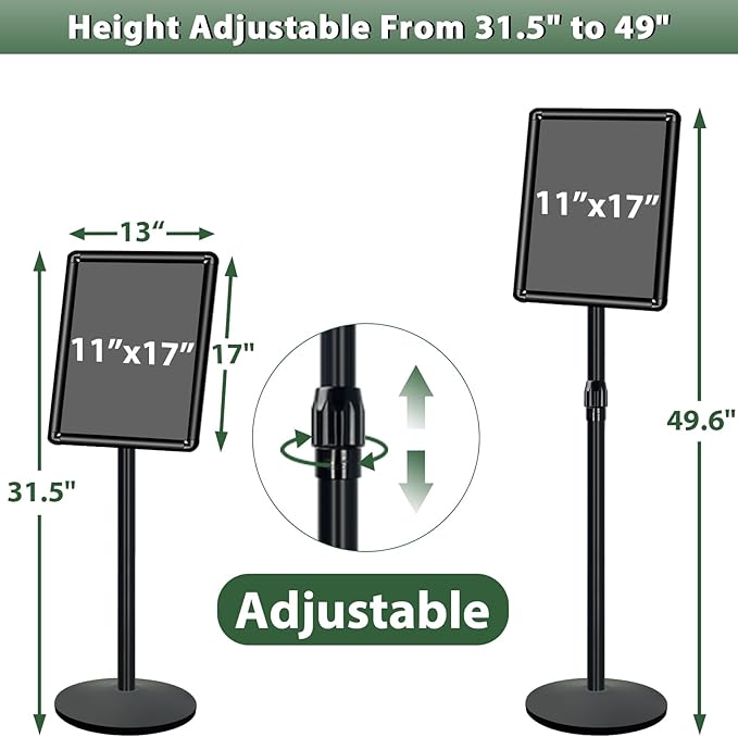 Heavy Duty Sign Holder Stand 11x17in Pedestal Poster Stand Adjustable Floor Standing Sign Stand with Safety Corner for Advertisement / Display (Black)