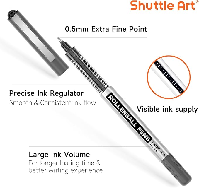 Shuttle Art Rollerball Pens, 10 Pack 0.5mm Extra Fine Point Black Liquid Ink Pens, Quick Drying & Long Lasting Pens Black Ink for Writing, Journaling, Notes Taking, School Office Supplies