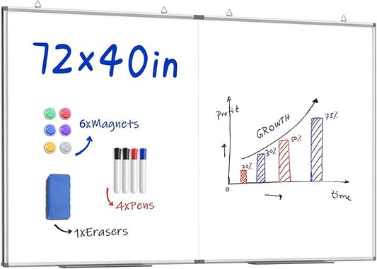72"X 40" Large Magnetic Dry Erase Whiteboard, Removable Wall Hanging Board with 4 Pens & 1 Dry Erasers & 6 Magnets, Sliver Aluminum Frame White