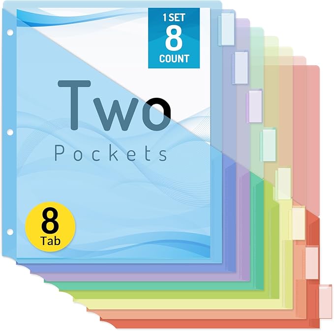 Forvencer 8 Count Dividers with Two Pockets, 8 tabs Binder Dividers for 3 Ring Binder Organizer, Multicolor, 1 Set