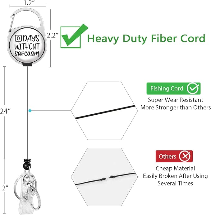 Gctriki Funny Badge Reel Retractable Heavy Duty with 360° Swivel Carabiner Clip, Cute ID Badge Holder, Nurse Teacher Retractable Keychain Name Badge Clip - Nurse Gifts（Zero Days Without Sarcasm）