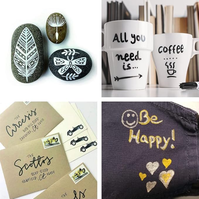 Overseas Permanent Paint Markers Pens - 3 Pack Gold Oil Based Paint Pens, Medium Tip, Quick Drying and Waterproof Marker Pen for Metal, Rock, Wood, Fabric, Plastic, Canvas, Mugs, Stone, Glass