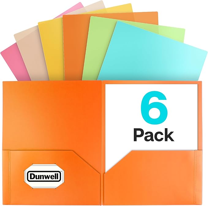 Dunwell Plastic 2-Pocket Folders, (6 Pack) Pastel Colors, 8.5x11 Folders with Pockets, Tear-Resistant Long Lasting Acid-Free Poly, Cleanable, Includes Labels