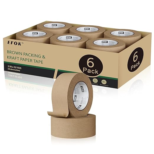 6 Rolls Brown Packing Tape 2 Inch Bulk, 2025 Upgrade Kraft Paper Packaging Tape, 2 Inch x 55 Yards, Cardboard Shipping for Packing Boxes, Tear by Hand for Express Parcels & Office Use