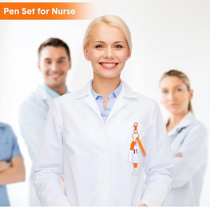 Sherr 25 Sets Retractable Nurse Pens with Mini Highlighter Permanent Marker Keychain Clip Badge Reel Pen Accessories for Nursing Students Medical Staff Office Stocking Stuffer Gift(Orange)