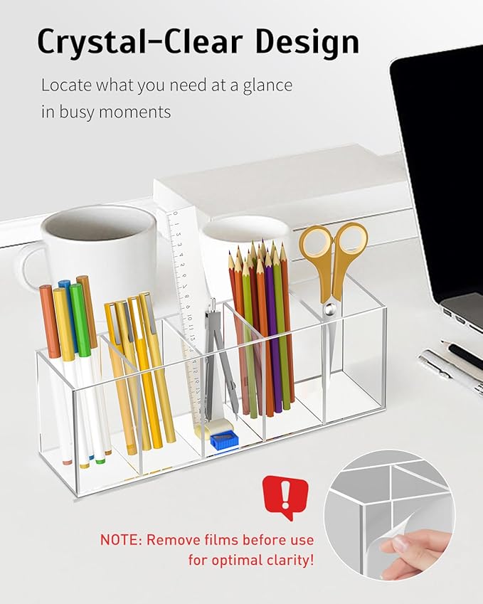 Uniclife Clear Acrylic Pen Holder for Desk, Plastic Pencil Holder Pen Organizer with 5 Compartments, Desktop Stationery Organizer for Office Home School, Vertical Makeup Brush Holder, 11.3" x 3" x 4"