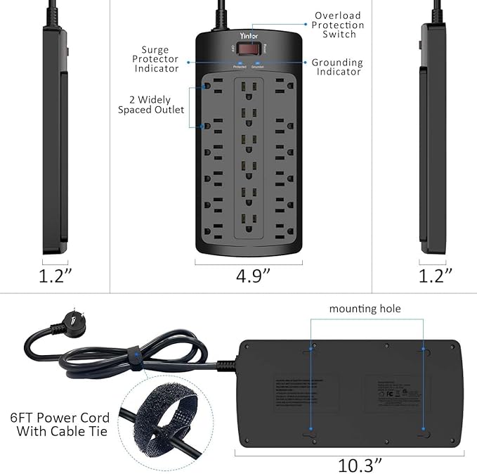6FT Yintar Surge Protector Power Strip - Flat Plug Extension Cord with 18 AC Outlets for Home, Office, Dorm Essentials, 2100 Joules, ETL, Black