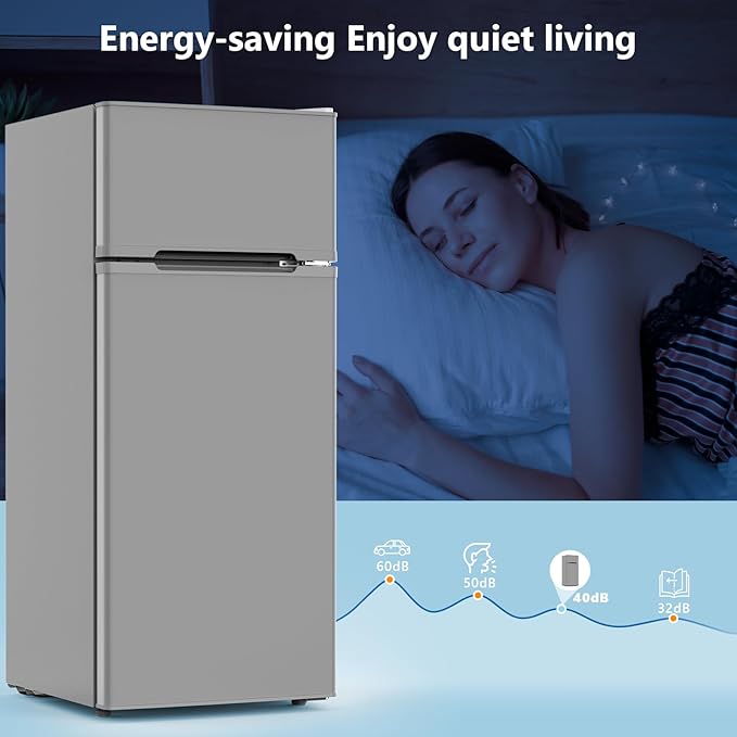 4.5 Cu.Ft Mini Fridge with Freezer, 2 Door Compact Refrigerator, Small Fridge with Adjustable Thermostat Energy Ultra Quiet, Mini Fridge Removable Glass Shelves for Bedroom Office Dorm Grey