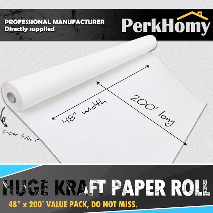 PerkHomy 48" x 2,400" (200') White Kraft Paper Roll for Craft Bulletin Board Paper Art Table Covering Crafting Gift Wrapping Bouquet Packing Parcel 80GSM 55LB (White, 48" x 200')