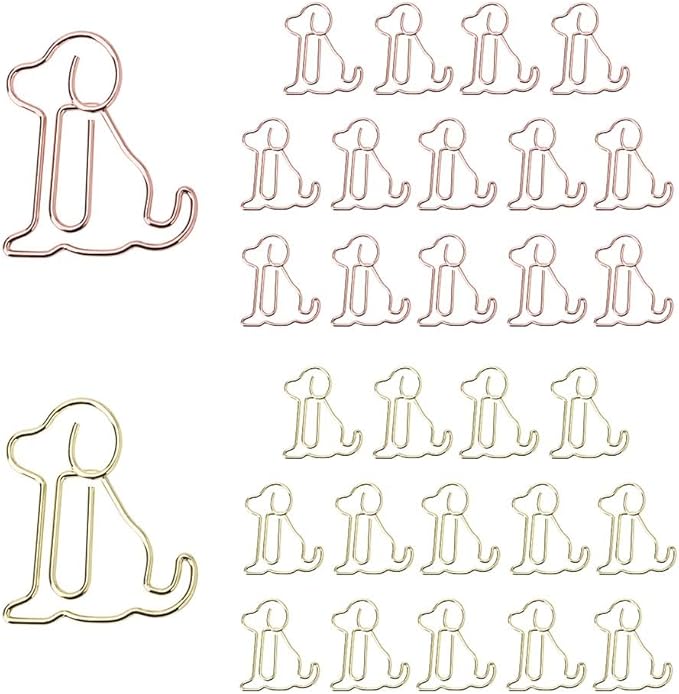 OWLFAVO 30pcs Puppy Dog Shape Paper Clips with Clear Box, Rose Gold and Yellow Gold, Funny Cute Paperclips Bookmarks Planner Clips for Fun Office Supplies School Gifts Wedding Decoration