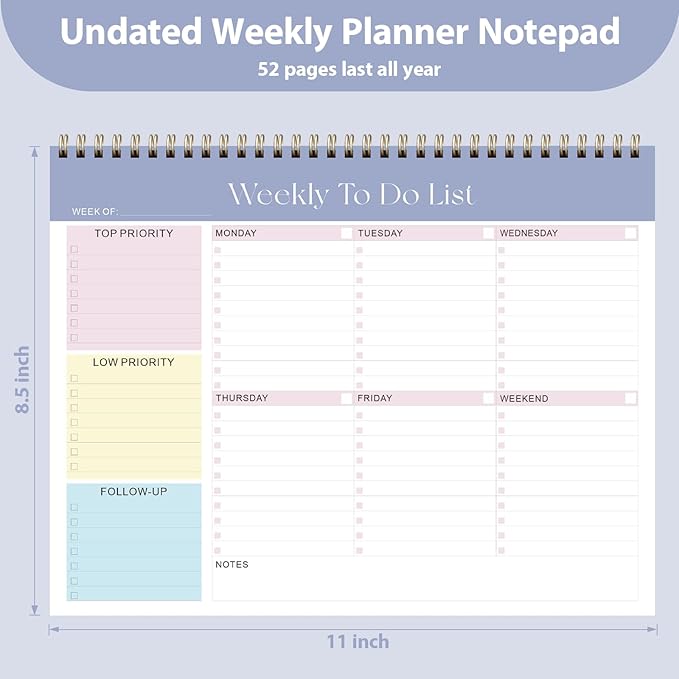 Weekly To Do List Notepad, Undated Planner with 52 Sheets (8.5''x11''), Desk Weekly Planner for Women & Man, Home School & Work (Purple)