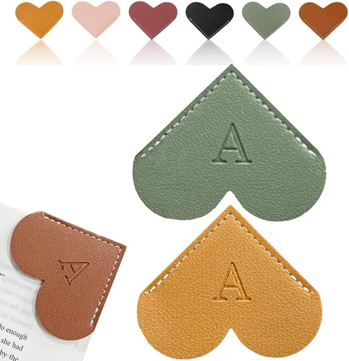 Personalized Leather Heart Bookmark, 26 Letters Customized Corner Book Mark for Reading, Book Holder Markers with Initials Page Book Accessories Cute Gifts (Green+Light Brown,A)
